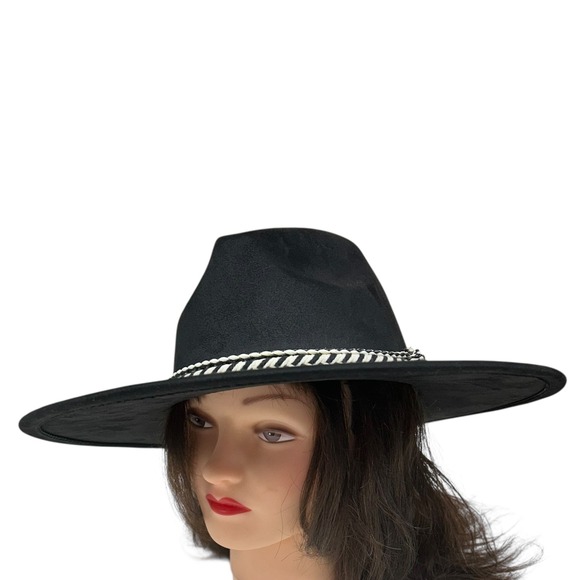 Black Wide Brim Fedora Cowboy Hat Women's Medium Large Black - Picture 7 of 9